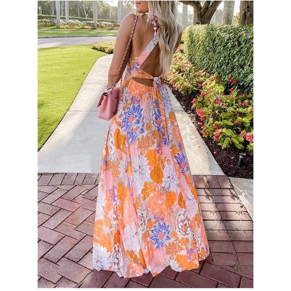 Summer Halter Neck Floral Print Backless Split Beach Party Maxi Dress,Tangerine - Picture 3 of 5